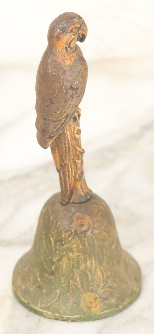 Lot 086 - Antique Cold Painted Tropical Style Brass Dinner Bell With Parrot Handle, Note Handle Somewhat Loose, Still Useable