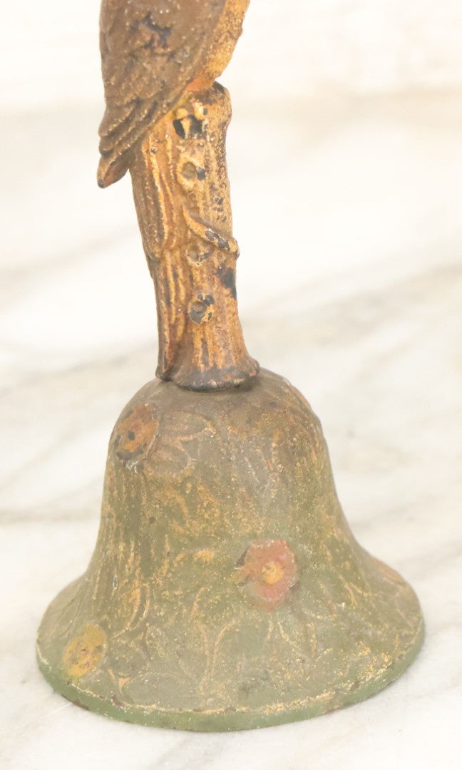 Lot 086 - Antique Cold Painted Tropical Style Brass Dinner Bell With Parrot Handle, Note Handle Somewhat Loose, Still Useable