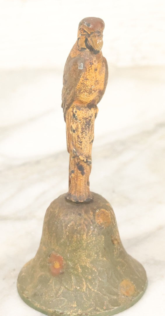 Lot 086 - Antique Cold Painted Tropical Style Brass Dinner Bell With Parrot Handle, Note Handle Somewhat Loose, Still Useable