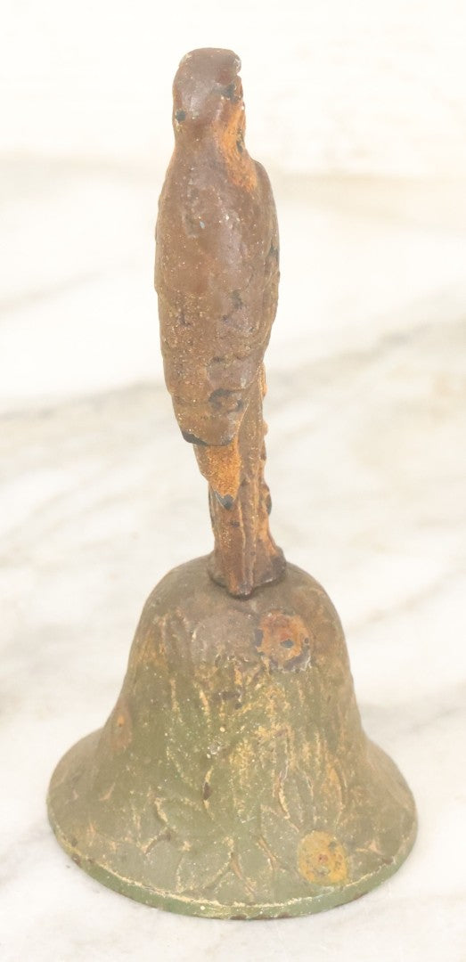 Lot 086 - Antique Cold Painted Tropical Style Brass Dinner Bell With Parrot Handle, Note Handle Somewhat Loose, Still Useable