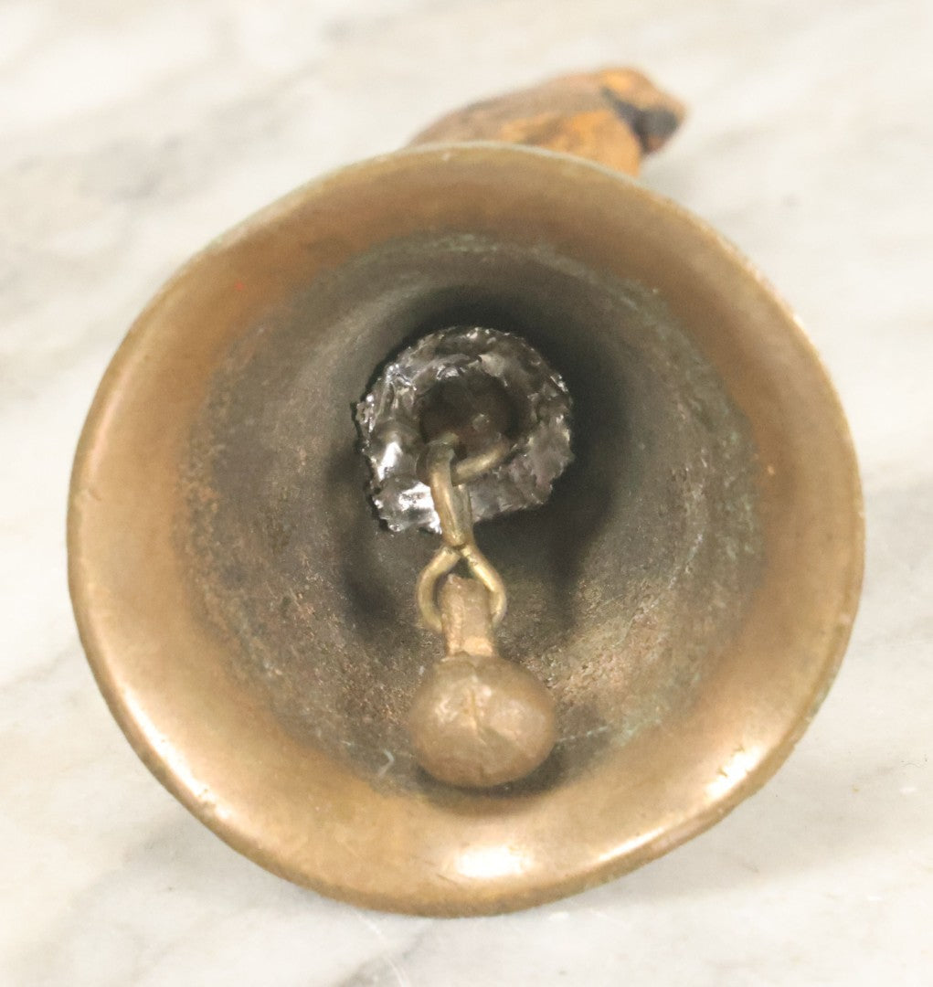 Lot 086 - Antique Cold Painted Tropical Style Brass Dinner Bell With Parrot Handle, Note Handle Somewhat Loose, Still Useable