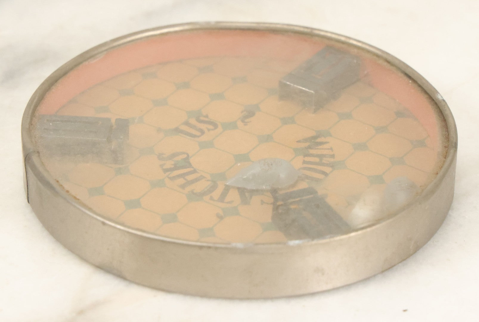 Lot 091 - Vintage "Who Catches Us?" Mousetrap Dexterity Game With Three Mice And Fake Mouse Poop, Made In Germany, Note Chip In Glass, 3-7/8" Diameter