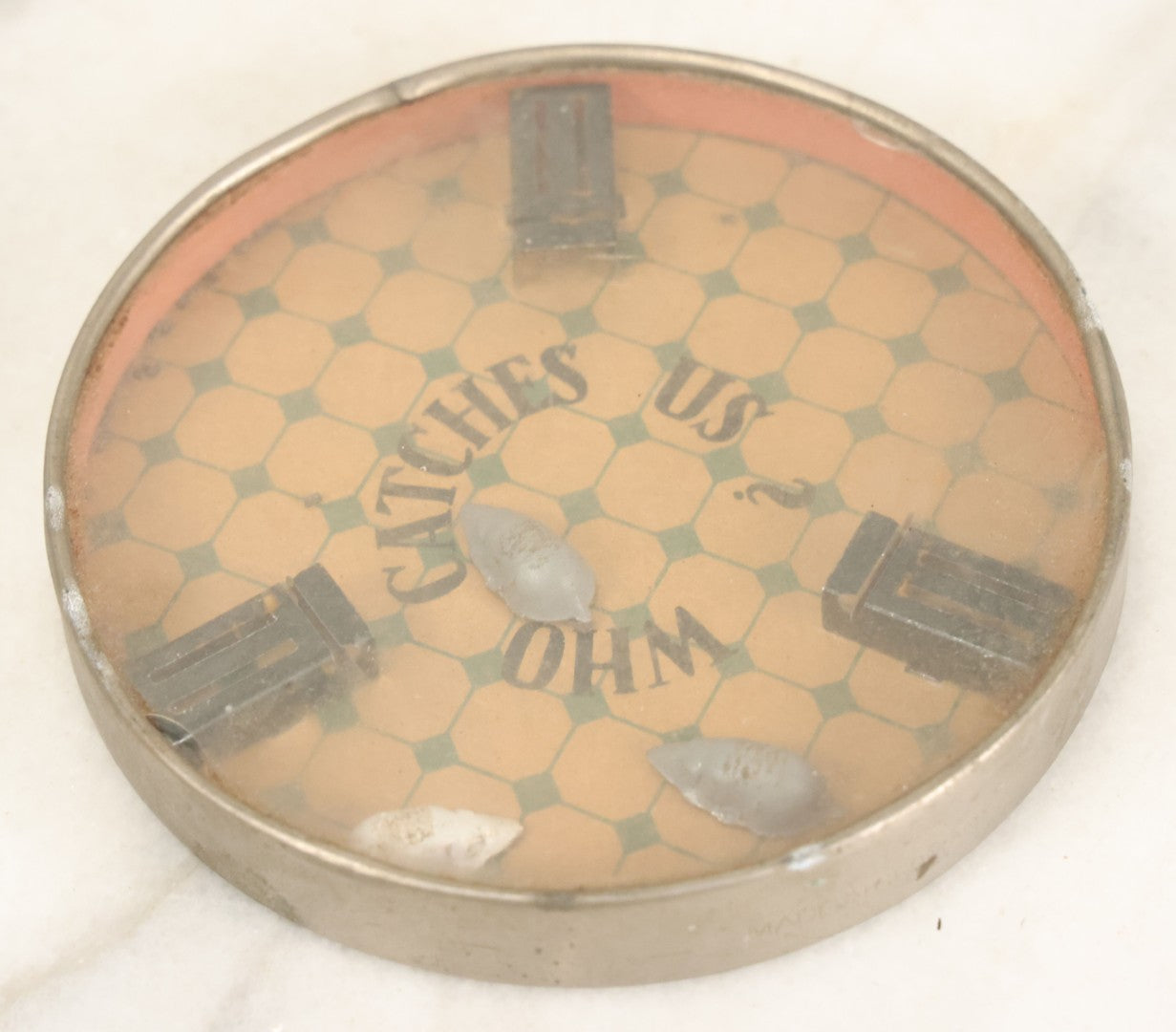 Lot 091 - Vintage "Who Catches Us?" Mousetrap Dexterity Game With Three Mice And Fake Mouse Poop, Made In Germany, Note Chip In Glass, 3-7/8" Diameter