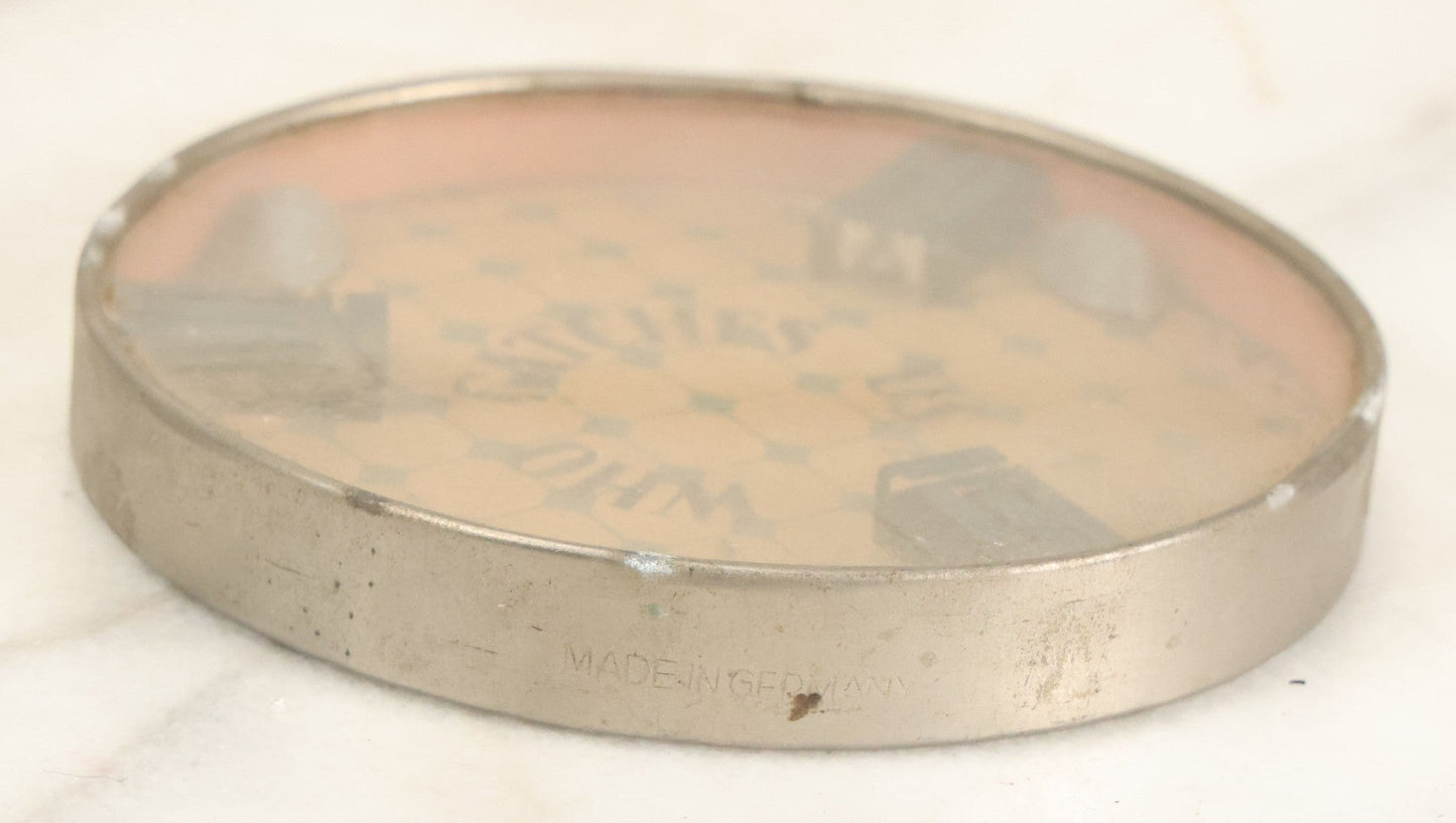 Lot 091 - Vintage "Who Catches Us?" Mousetrap Dexterity Game With Three Mice And Fake Mouse Poop, Made In Germany, Note Chip In Glass, 3-7/8" Diameter