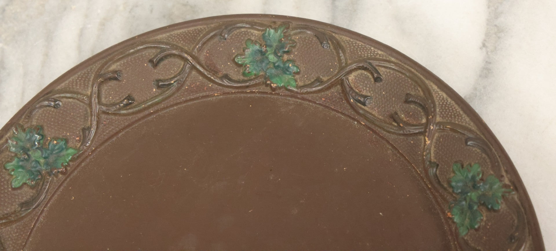 Lot 097 - Vintage Brown Painted Clay Plate With Branch And Leaf Forest Motif, Marking On Verso