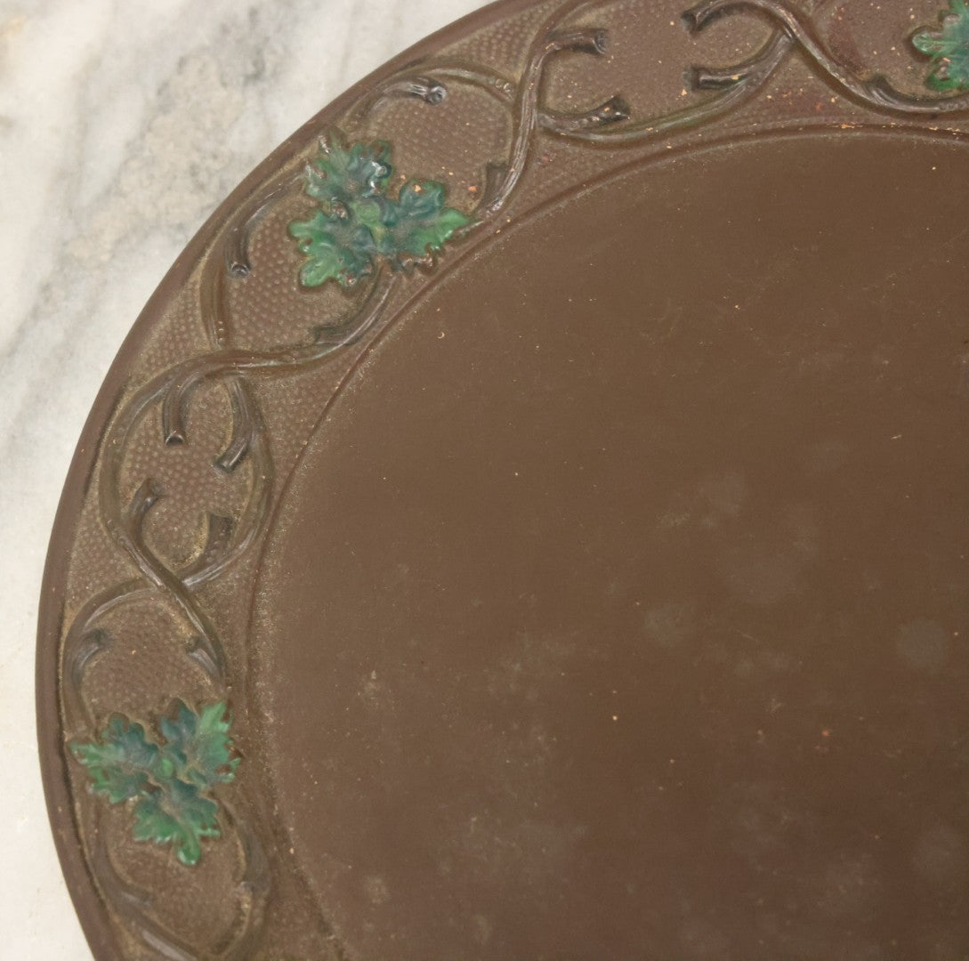 Lot 097 - Vintage Brown Painted Clay Plate With Branch And Leaf Forest Motif, Marking On Verso