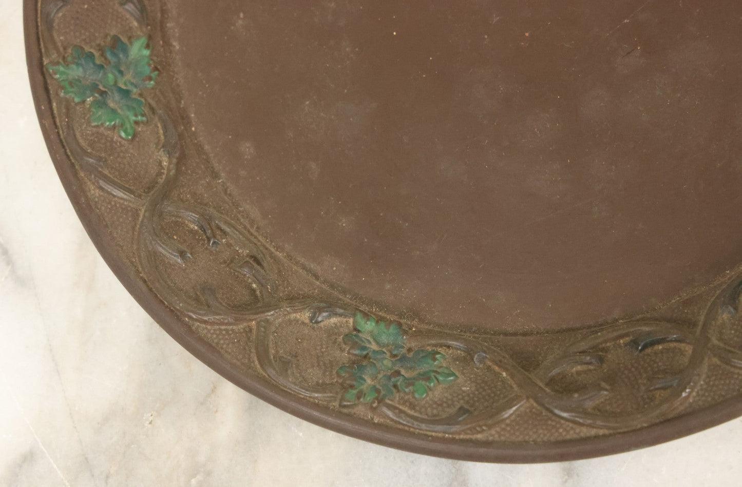 Lot 097 - Vintage Brown Painted Clay Plate With Branch And Leaf Forest Motif, Marking On Verso