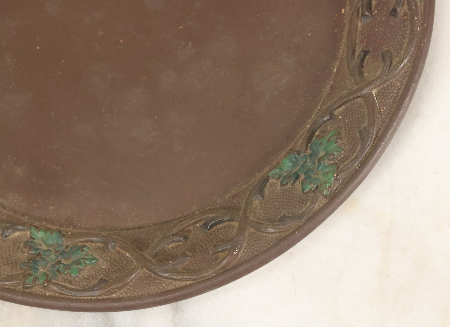 Lot 097 - Vintage Brown Painted Clay Plate With Branch And Leaf Forest Motif, Marking On Verso