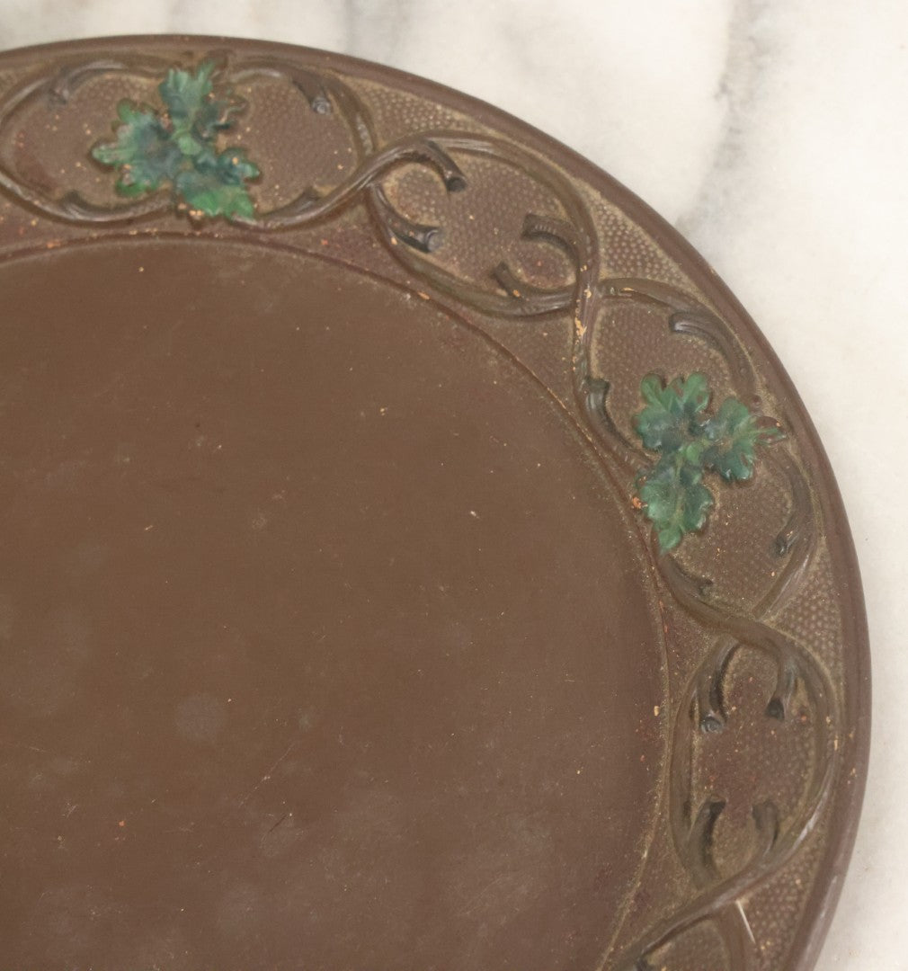 Lot 097 - Vintage Brown Painted Clay Plate With Branch And Leaf Forest Motif, Marking On Verso