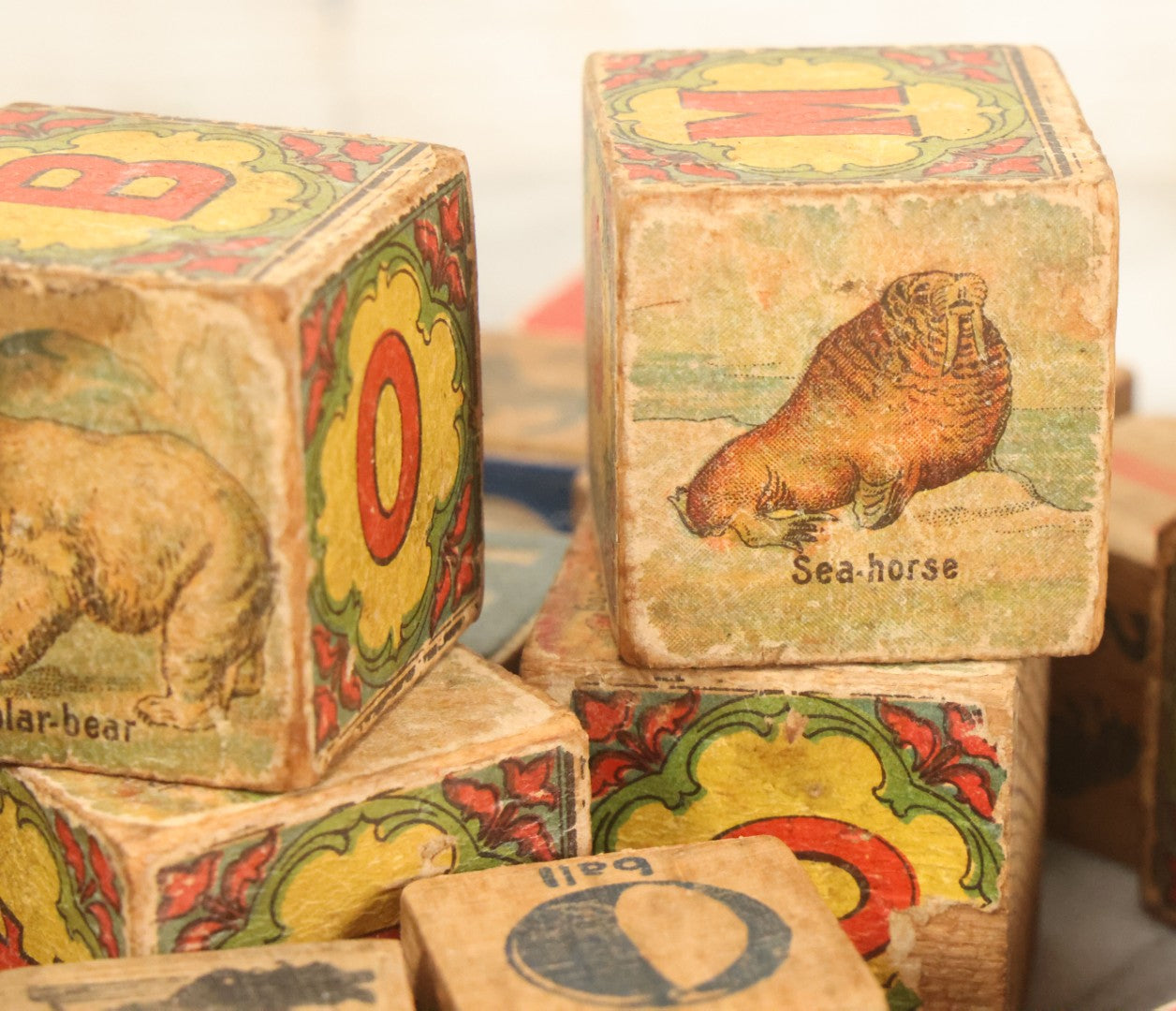 Lot 098 - Mixed Vintage Grouping Of 30+ Wooden Alphabet Blocks, Some With Animal Lithographs, Etc.