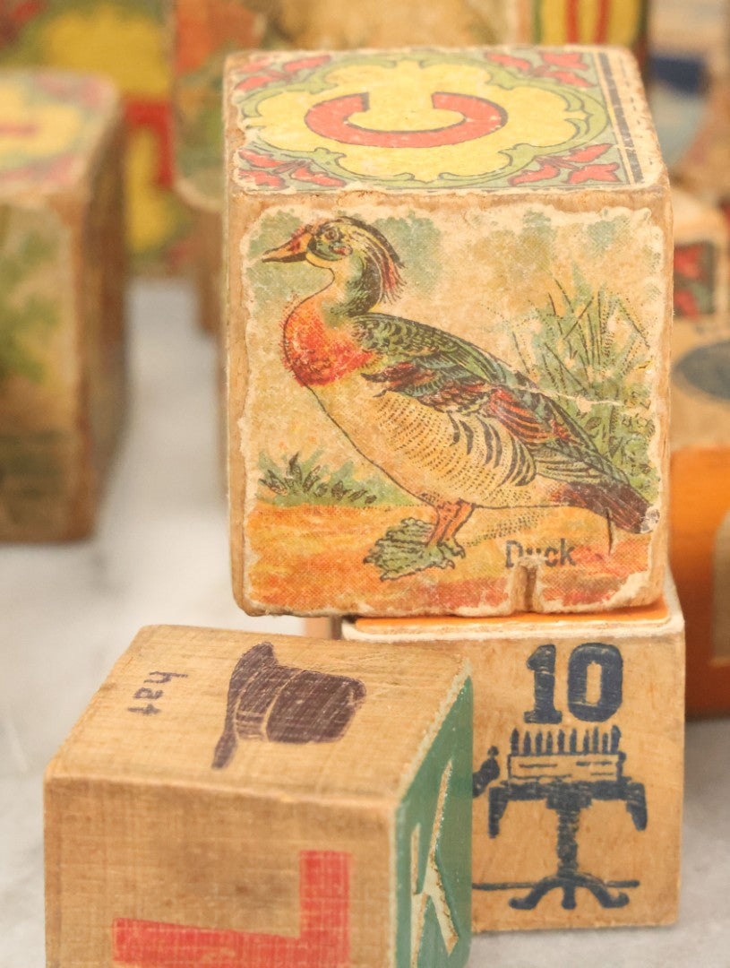 Lot 098 - Mixed Vintage Grouping Of 30+ Wooden Alphabet Blocks, Some With Animal Lithographs, Etc.