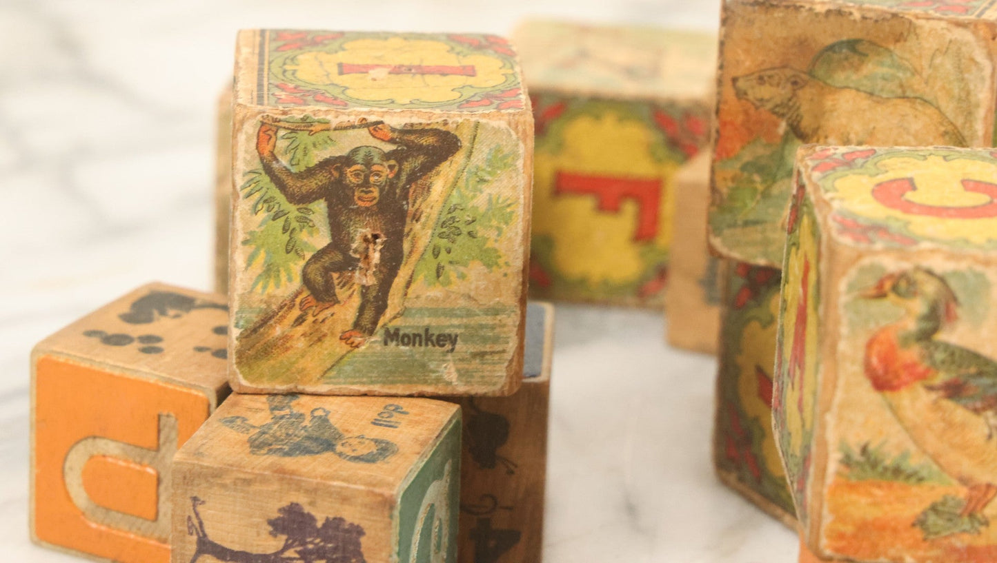Lot 098 - Mixed Vintage Grouping Of 30+ Wooden Alphabet Blocks, Some With Animal Lithographs, Etc.