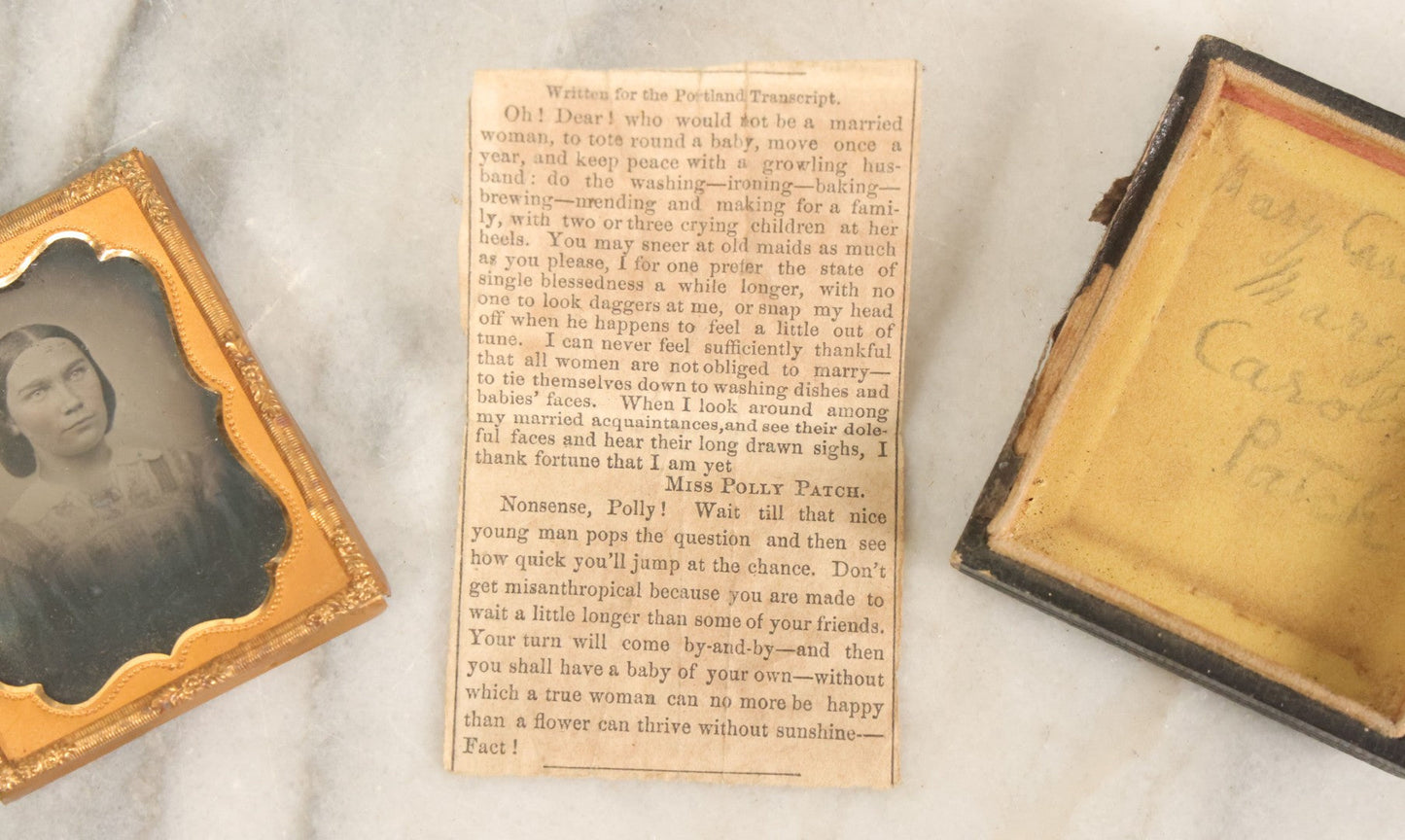 Lot 099 - Antique 1/9th Plate Ambrotype Photograph In Half Leatherette Union Case, Identified As Mary Caroline Patch With Advice Column Clipping From The Portland Transcript, Signed Ms. Polly Patch, As Found