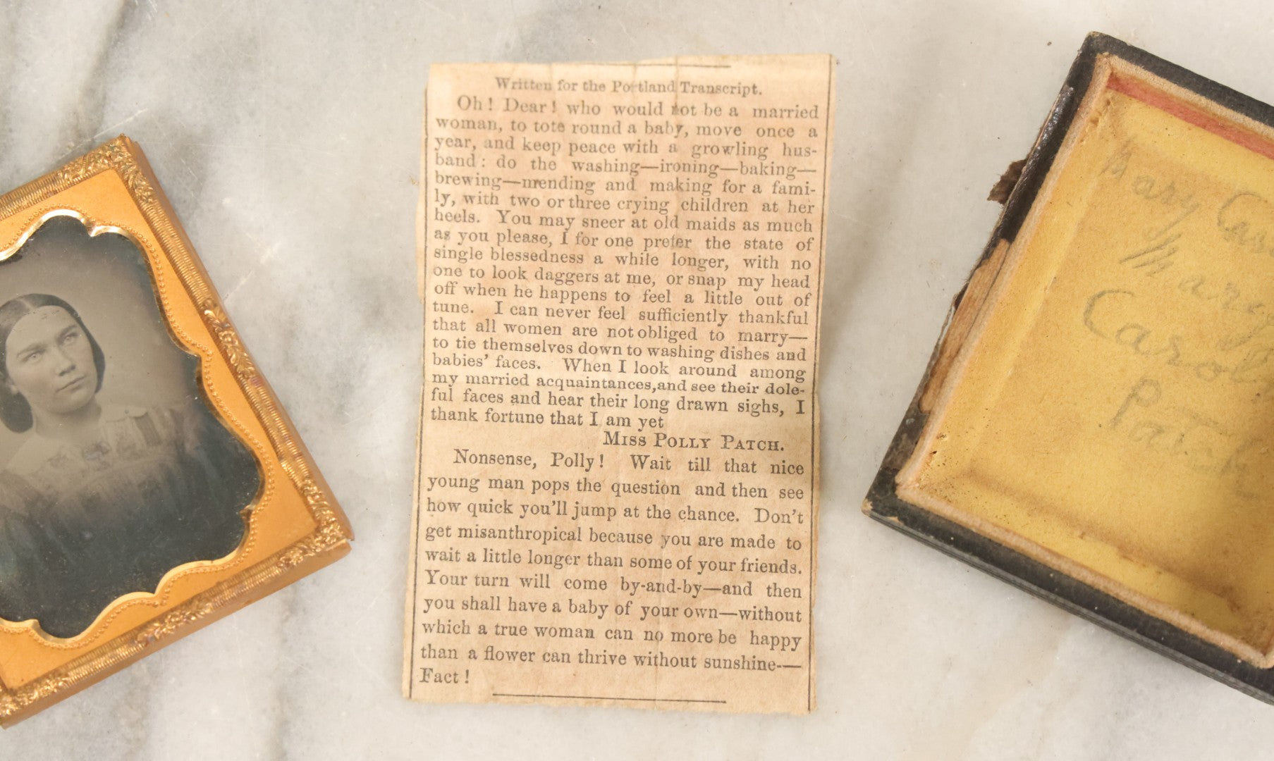 Lot 099 - Antique 1/9th Plate Ambrotype Photograph In Half Leatherette Union Case, Identified As Mary Caroline Patch With Advice Column Clipping From The Portland Transcript, Signed Ms. Polly Patch, As Found