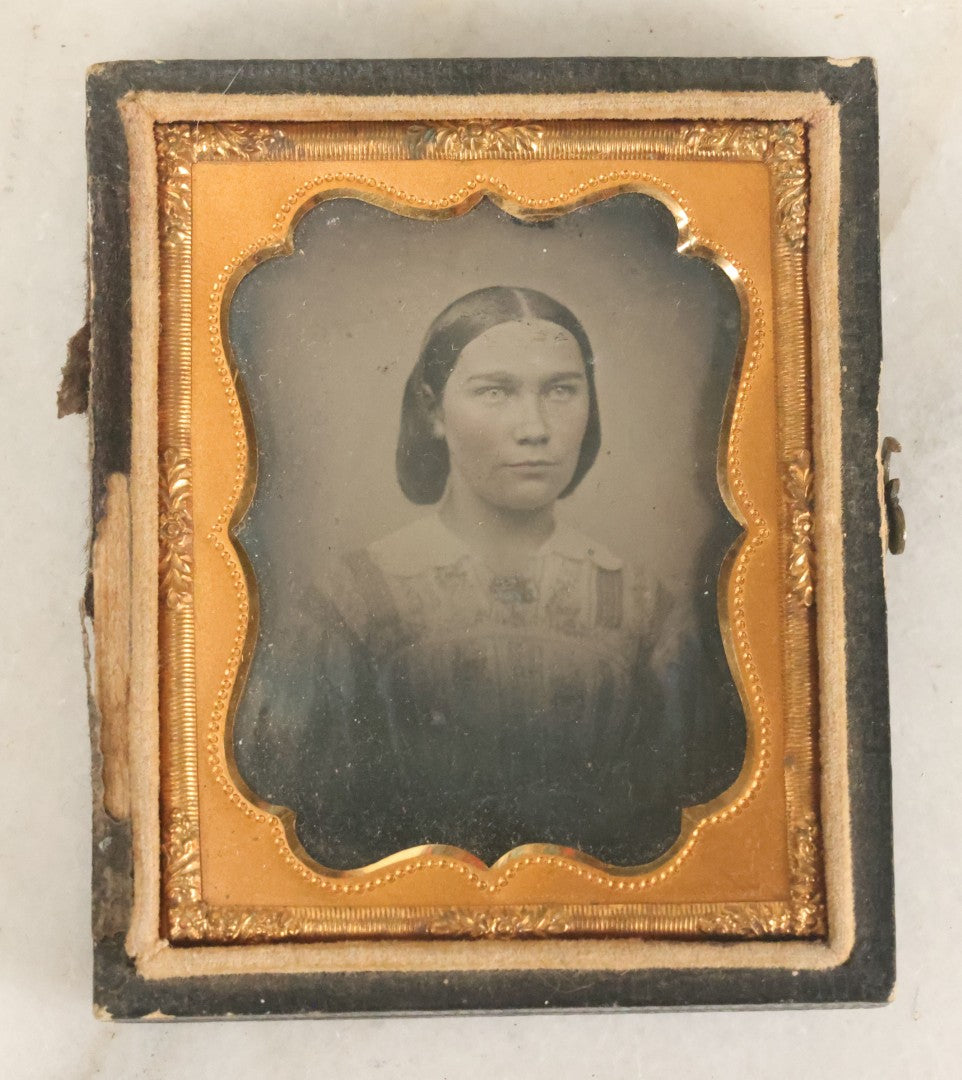 Lot 099 - Antique 1/9th Plate Ambrotype Photograph In Half Leatherette Union Case, Identified As Mary Caroline Patch With Advice Column Clipping From The Portland Transcript, Signed Ms. Polly Patch, As Found