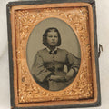 Lot 101 - Antique 1/9th Plate Ruby Ambrotype Photograph Of Young Woman In Checkered Dress With Braided Hairstyle And Many Pieces Of Jewelry In Half Leatherette Union Case, Note Case Worn