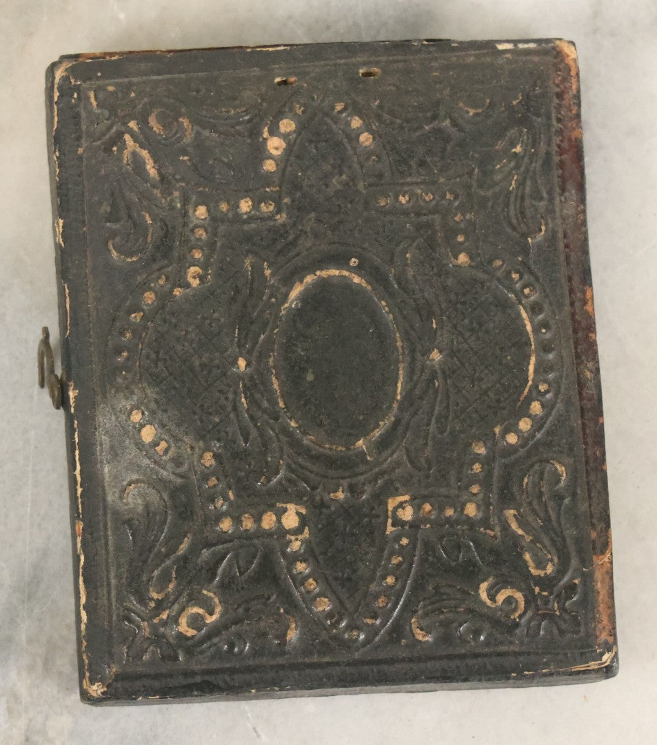 Lot 101 - Antique 1/9th Plate Ruby Ambrotype Photograph Of Young Woman In Checkered Dress With Braided Hairstyle And Many Pieces Of Jewelry In Half Leatherette Union Case, Note Case Worn