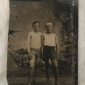Lot 117 - Single Antique Tintype Photograph Of Two Young Boys In Front Of Outdoor Studio Backdrop In Swimsuits