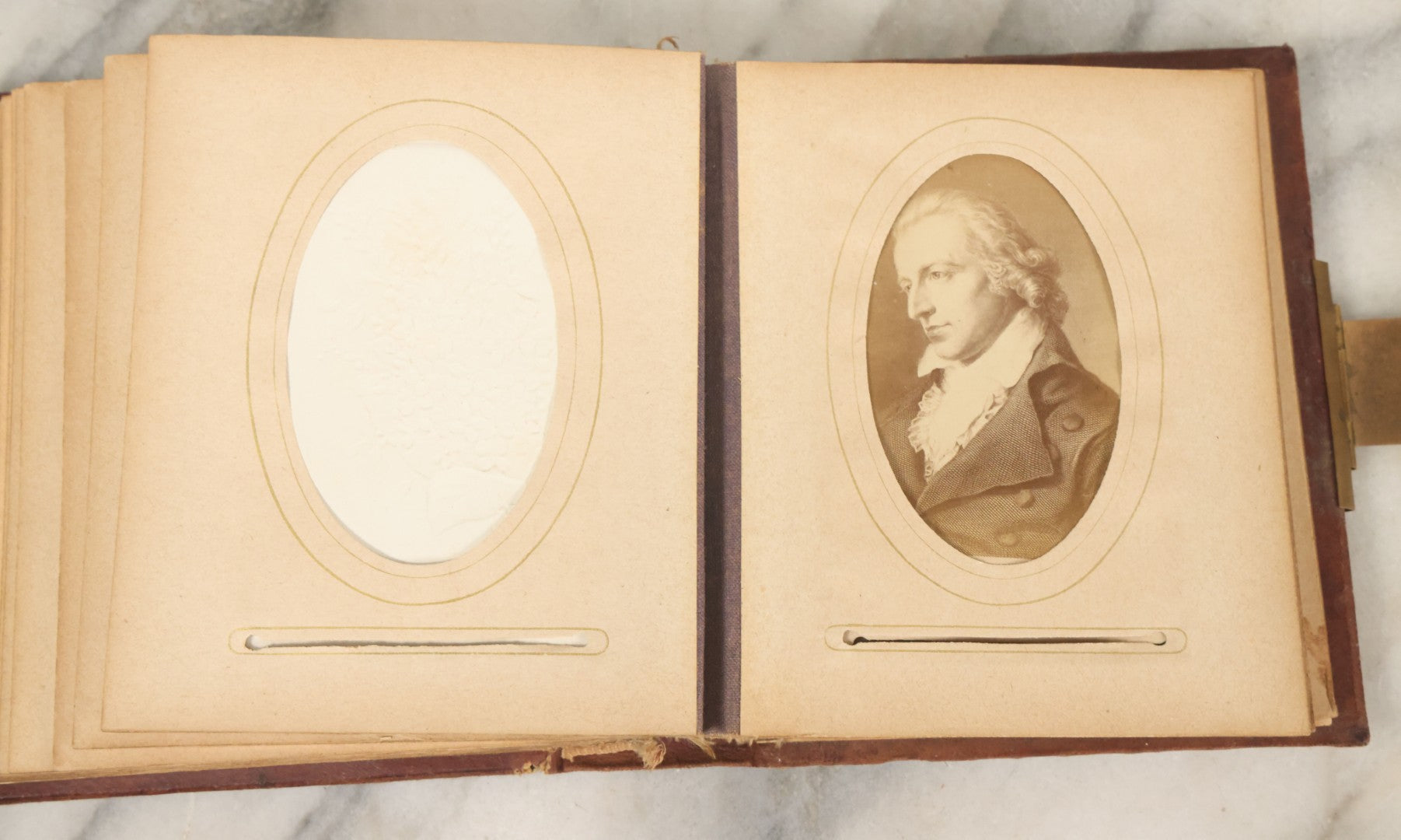Lot 122 - Antique Cabinet Card And Tintype Family Photo Album, 10 C.D.V. Photos, 10 Tintypes, 4 Illustrated Album Filler Cards, Including Tintype Of Grandma Sherman In Mourning And C.D.V. Of Twin Girls