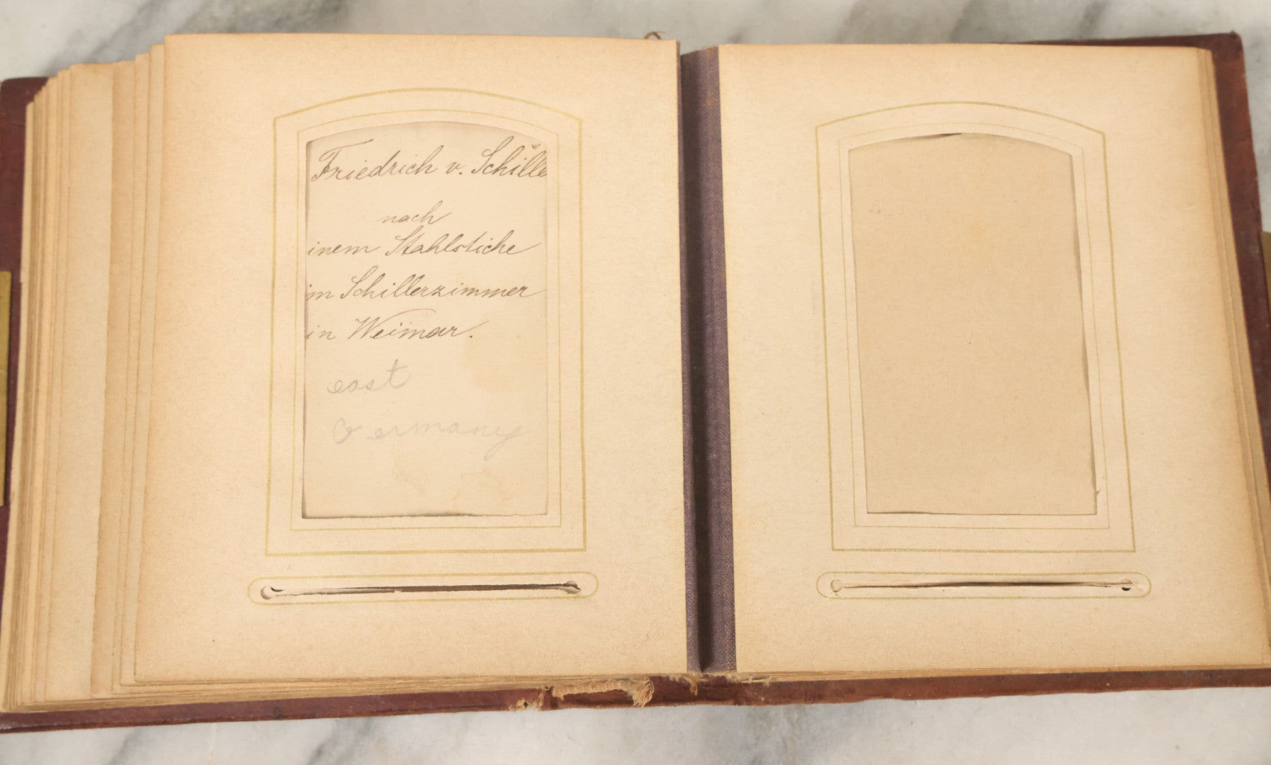 Lot 122 - Antique Cabinet Card And Tintype Family Photo Album, 10 C.D.V. Photos, 10 Tintypes, 4 Illustrated Album Filler Cards, Including Tintype Of Grandma Sherman In Mourning And C.D.V. Of Twin Girls