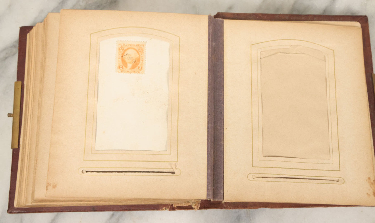 Lot 122 - Antique Cabinet Card And Tintype Family Photo Album, 10 C.D.V. Photos, 10 Tintypes, 4 Illustrated Album Filler Cards, Including Tintype Of Grandma Sherman In Mourning And C.D.V. Of Twin Girls