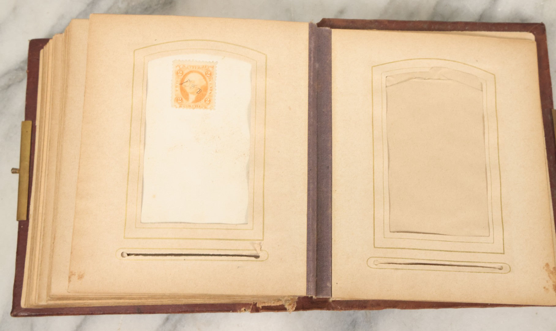 Lot 122 - Antique Cabinet Card And Tintype Family Photo Album, 10 C.D.V. Photos, 10 Tintypes, 4 Illustrated Album Filler Cards, Including Tintype Of Grandma Sherman In Mourning And C.D.V. Of Twin Girls