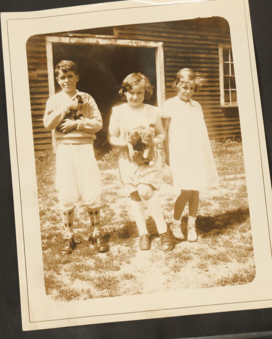 Lot 124 - Grouping Of Vintage Early 20th Century Snapshot Photo Album Pages, 9 Snapshots Including Children With Cats, Monson Town Farm Stoop, Kids On Horseback, Etc.