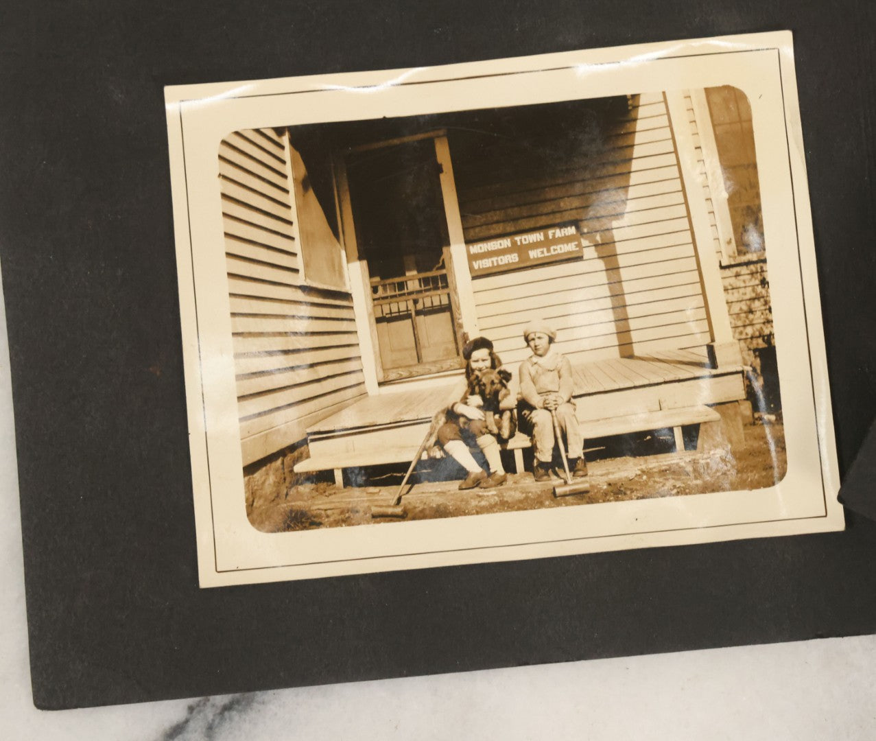 Lot 124 - Grouping Of Vintage Early 20th Century Snapshot Photo Album Pages, 9 Snapshots Including Children With Cats, Monson Town Farm Stoop, Kids On Horseback, Etc.