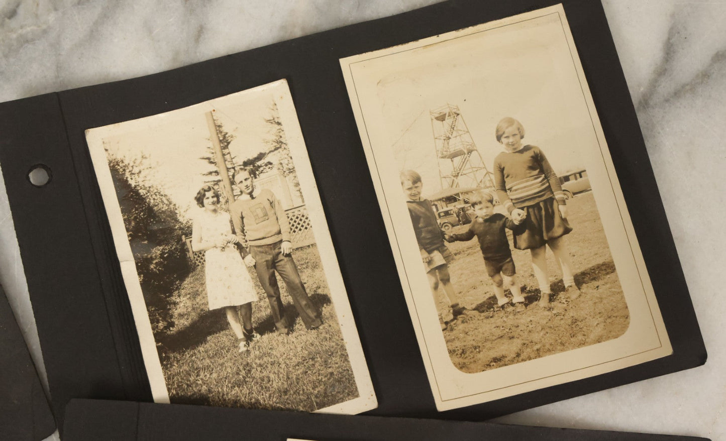 Lot 124 - Grouping Of Vintage Early 20th Century Snapshot Photo Album Pages, 9 Snapshots Including Children With Cats, Monson Town Farm Stoop, Kids On Horseback, Etc.