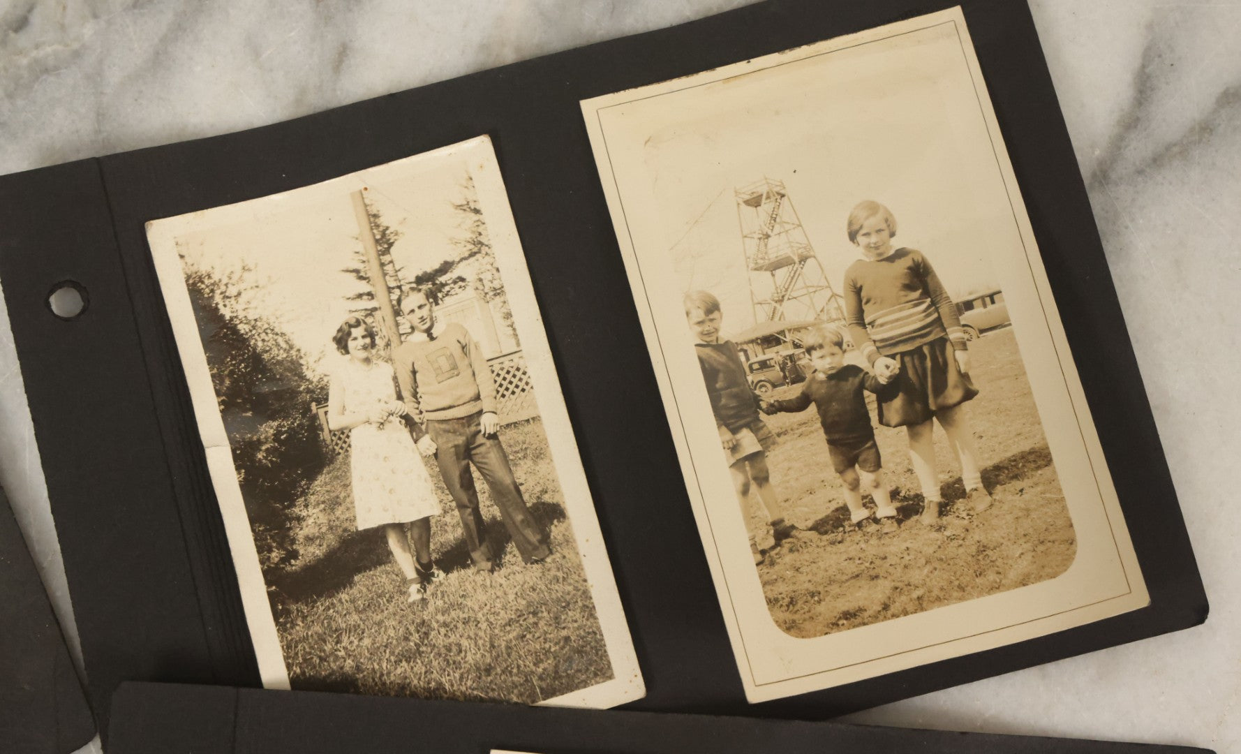 Lot 124 - Grouping Of Vintage Early 20th Century Snapshot Photo Album Pages, 9 Snapshots Including Children With Cats, Monson Town Farm Stoop, Kids On Horseback, Etc.
