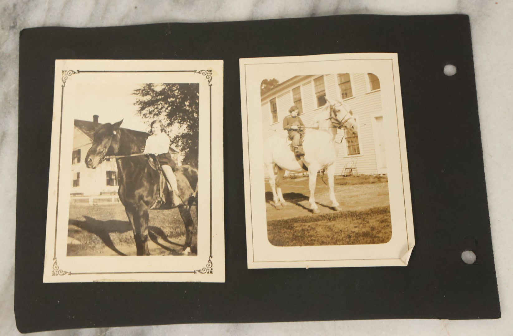 Lot 124 - Grouping Of Vintage Early 20th Century Snapshot Photo Album Pages, 9 Snapshots Including Children With Cats, Monson Town Farm Stoop, Kids On Horseback, Etc.