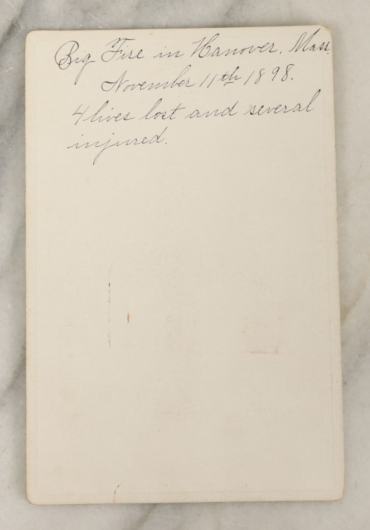 Lot 132 - Antique Cabinet Card Photograph Of The Aftermath Of "A Big Fire" In Hannover, Massachusetts, Nov. 11 1898, 4 Lives Lost And Several Injured, H.L. Sturtevant Photographer, Hannover, Mass