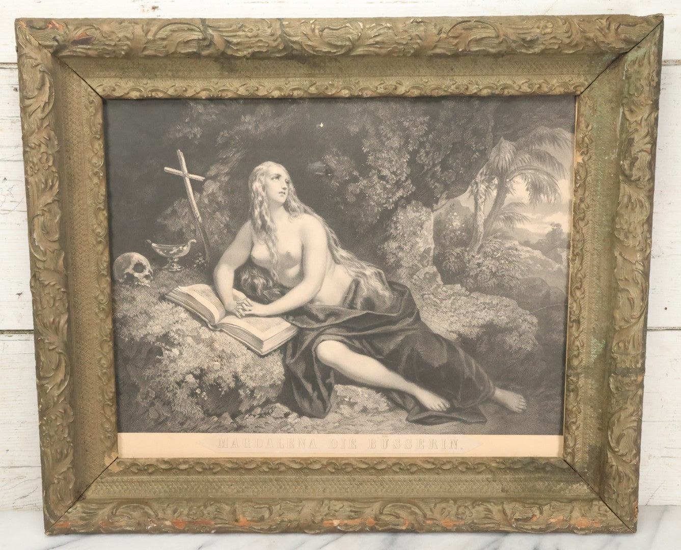 Lot 002 - Antique Engraving Print Of "Magdalena Die Büsserin" (Magdalena, The Penitent), Featuring A Nude Mary Magdalene In Contemplation Beside A Skull, In Ornate Frame, 26" x 22"