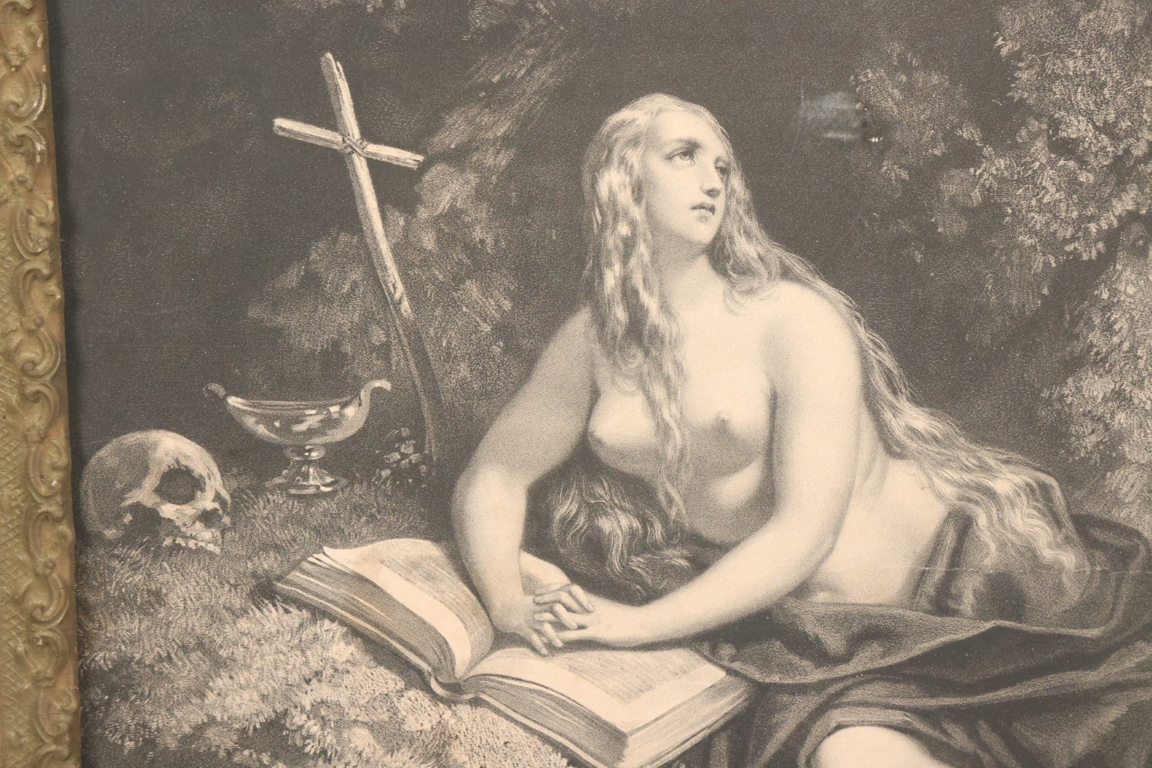 Lot 002 - Antique Engraving Print Of "Magdalena Die Büsserin" (Magdalena, The Penitent), Featuring A Nude Mary Magdalene In Contemplation Beside A Skull, In Ornate Frame, 26" x 22"