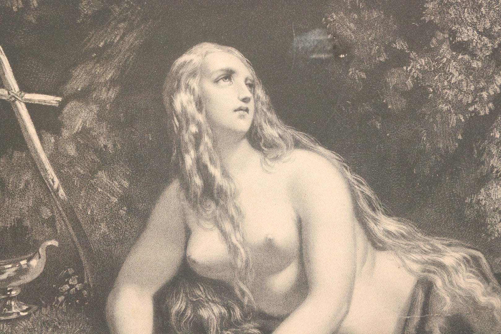 Lot 002 - Antique Engraving Print Of "Magdalena Die Büsserin" (Magdalena, The Penitent), Featuring A Nude Mary Magdalene In Contemplation Beside A Skull, In Ornate Frame, 26" x 22"