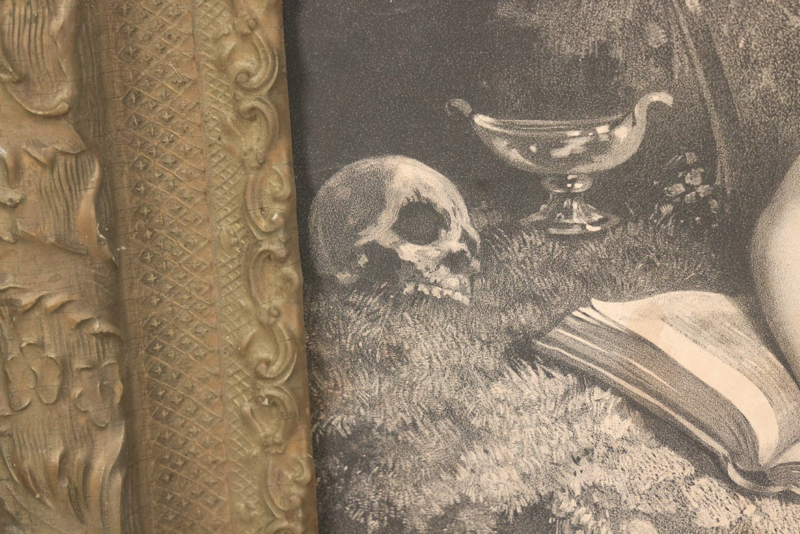 Lot 002 - Antique Engraving Print Of "Magdalena Die Büsserin" (Magdalena, The Penitent), Featuring A Nude Mary Magdalene In Contemplation Beside A Skull, In Ornate Frame, 26" x 22"