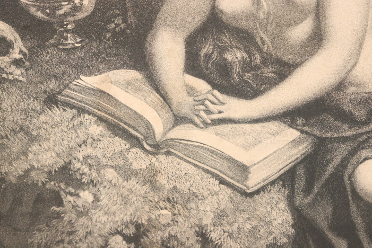 Lot 002 - Antique Engraving Print Of "Magdalena Die Büsserin" (Magdalena, The Penitent), Featuring A Nude Mary Magdalene In Contemplation Beside A Skull, In Ornate Frame, 26" x 22"