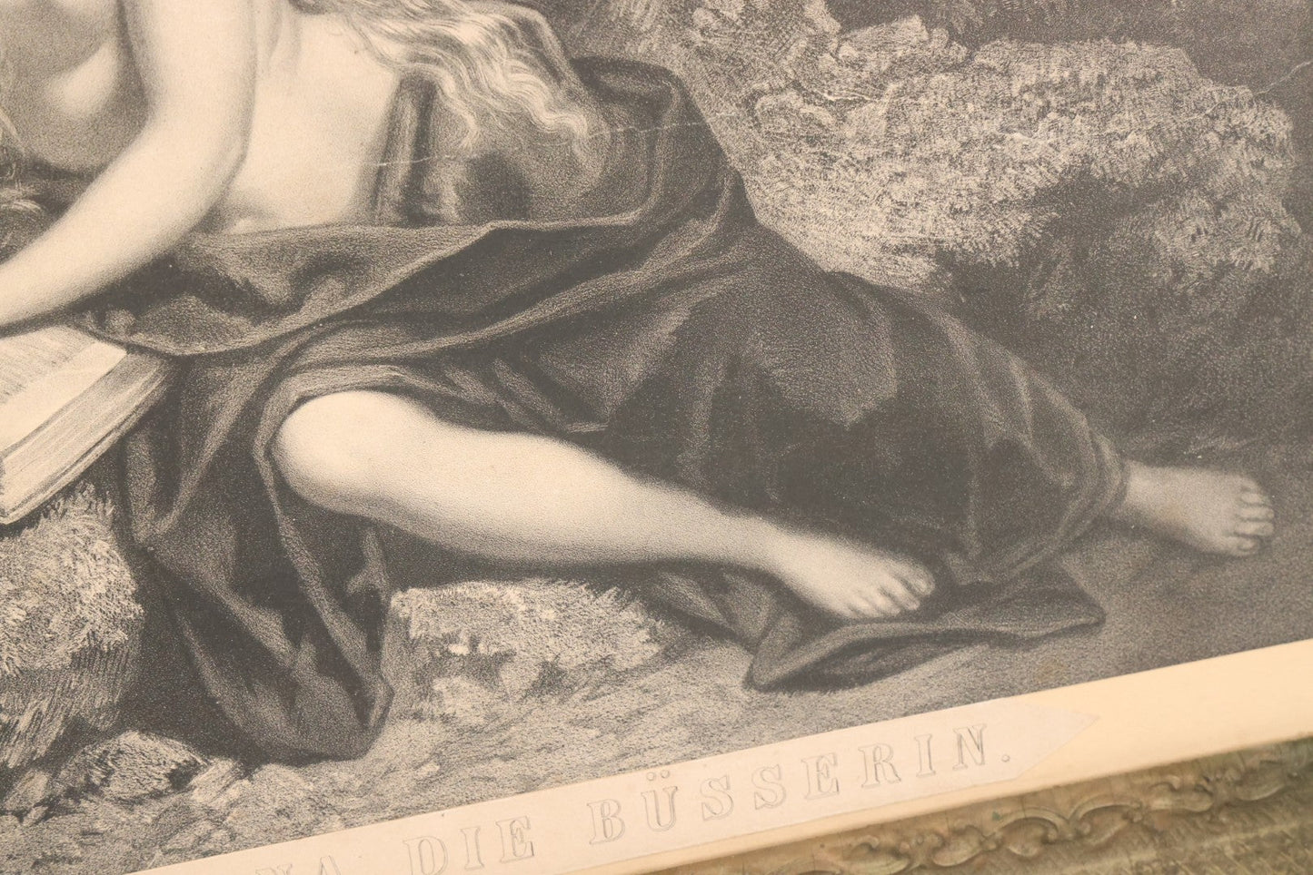 Lot 002 - Antique Engraving Print Of "Magdalena Die Büsserin" (Magdalena, The Penitent), Featuring A Nude Mary Magdalene In Contemplation Beside A Skull, In Ornate Frame, 26" x 22"