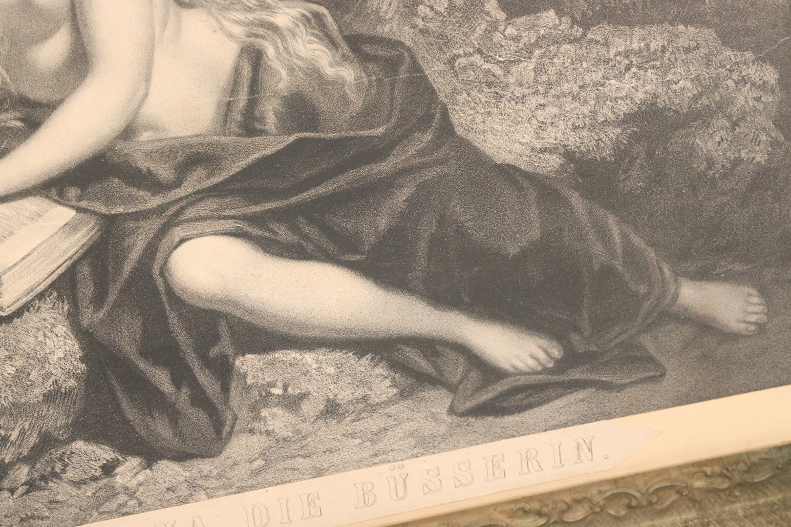 Lot 002 - Antique Engraving Print Of "Magdalena Die Büsserin" (Magdalena, The Penitent), Featuring A Nude Mary Magdalene In Contemplation Beside A Skull, In Ornate Frame, 26" x 22"