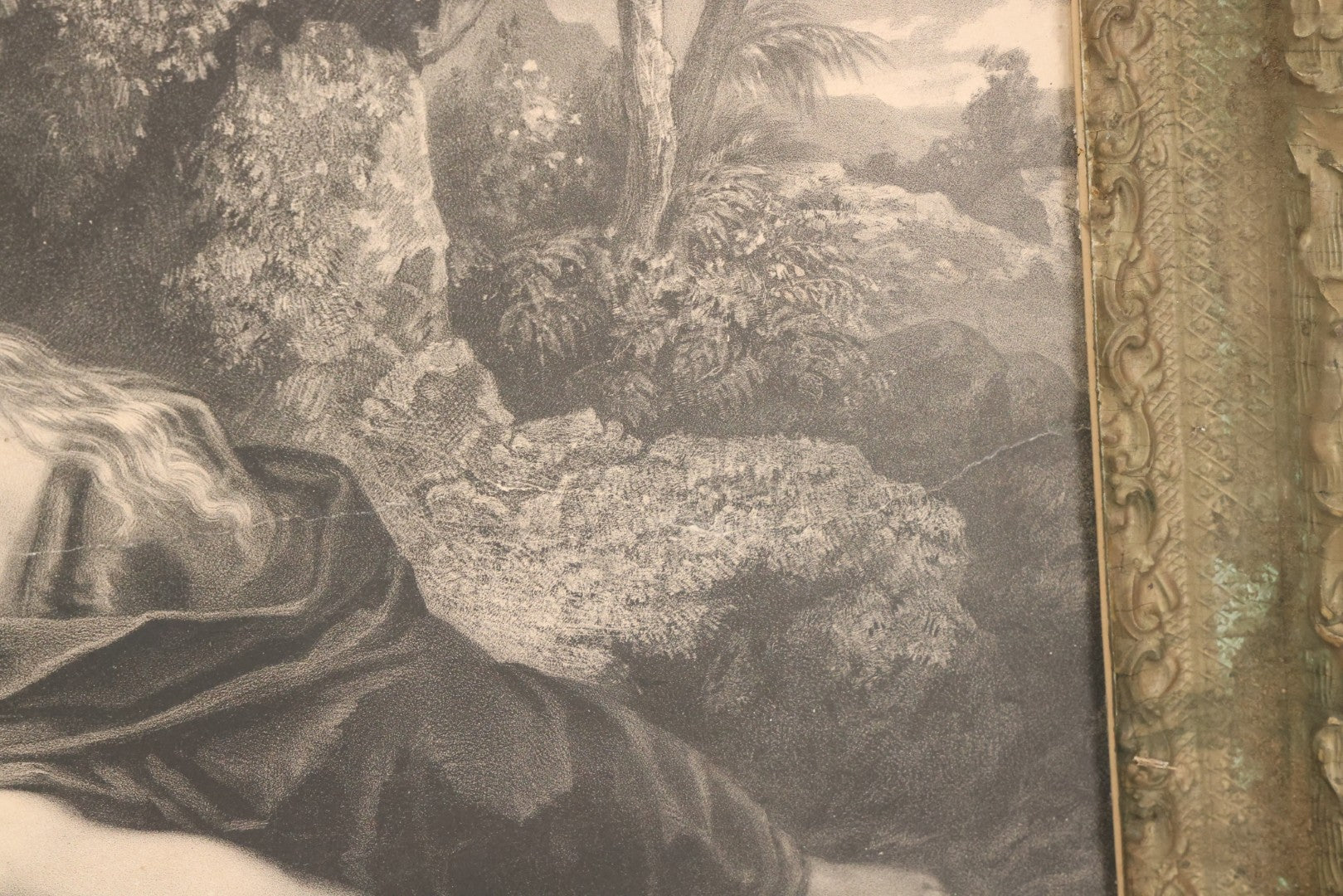 Lot 002 - Antique Engraving Print Of "Magdalena Die Büsserin" (Magdalena, The Penitent), Featuring A Nude Mary Magdalene In Contemplation Beside A Skull, In Ornate Frame, 26" x 22"