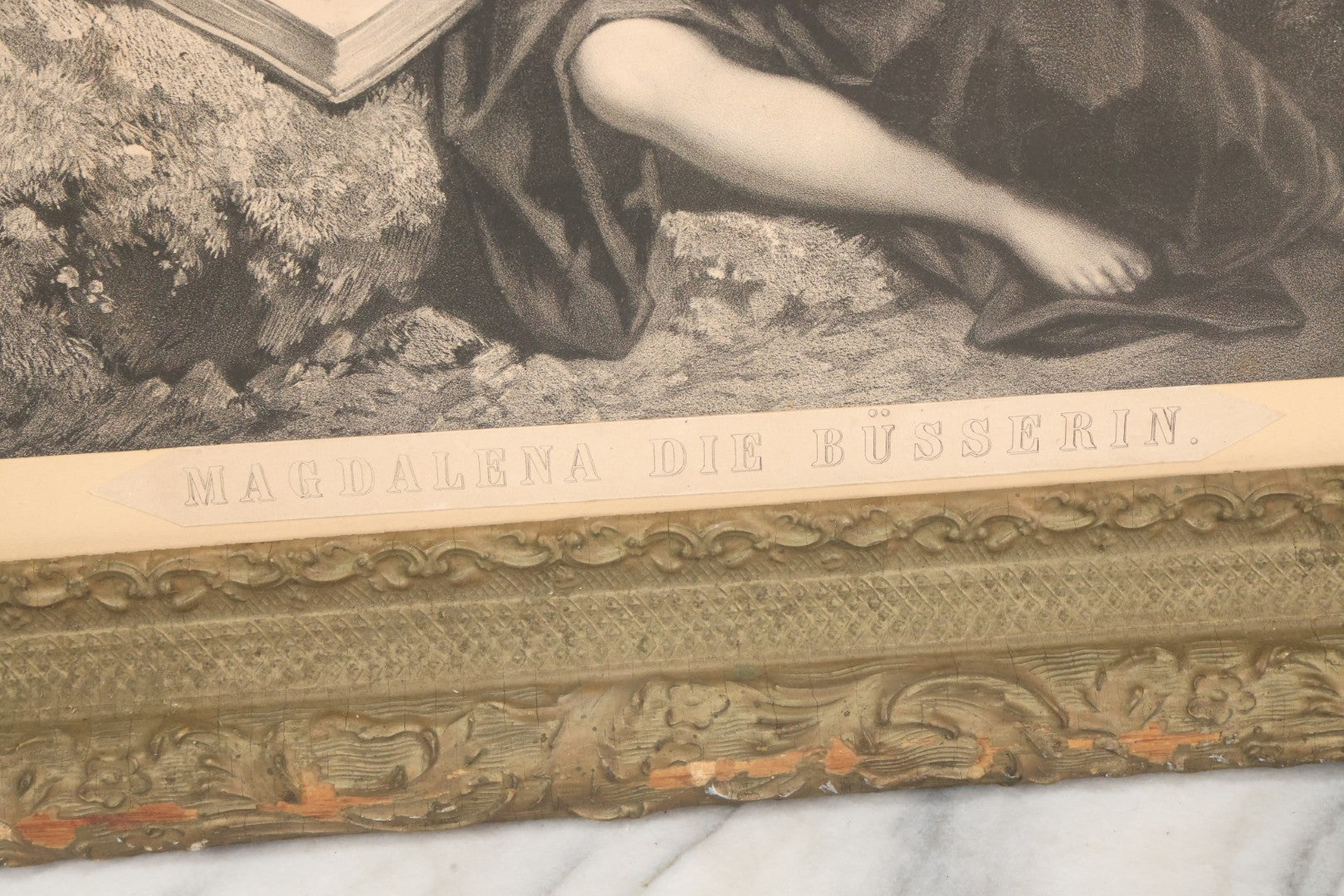 Lot 002 - Antique Engraving Print Of "Magdalena Die Büsserin" (Magdalena, The Penitent), Featuring A Nude Mary Magdalene In Contemplation Beside A Skull, In Ornate Frame, 26" x 22"