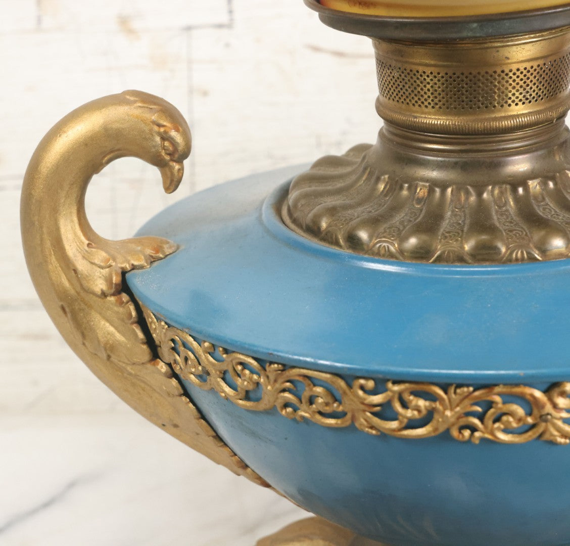 Lot 003 - Antique Kerosene Oil Lamp With Painted Blue Tin Font, Dove Head Motif, And Hand Painted Globe With Floral Motif By Pittsburgh Lamp And Brass, Made In America, Note Cracked And Repaired Section Of Globe, 19" High