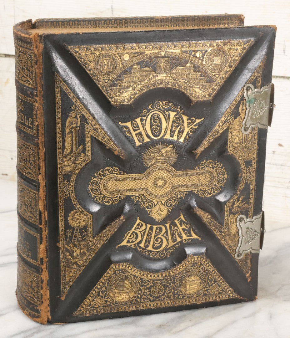 Lot 005 - Antique Pronouncing Parallel Holy Bible, Old And New Testaments, With Ornate Cover And Binding, Gately & O'Gorman, Publishers, Boston, Copyright 1890, By A.J. Holman & Co., Profusely Illustrated, Note Loose Pages