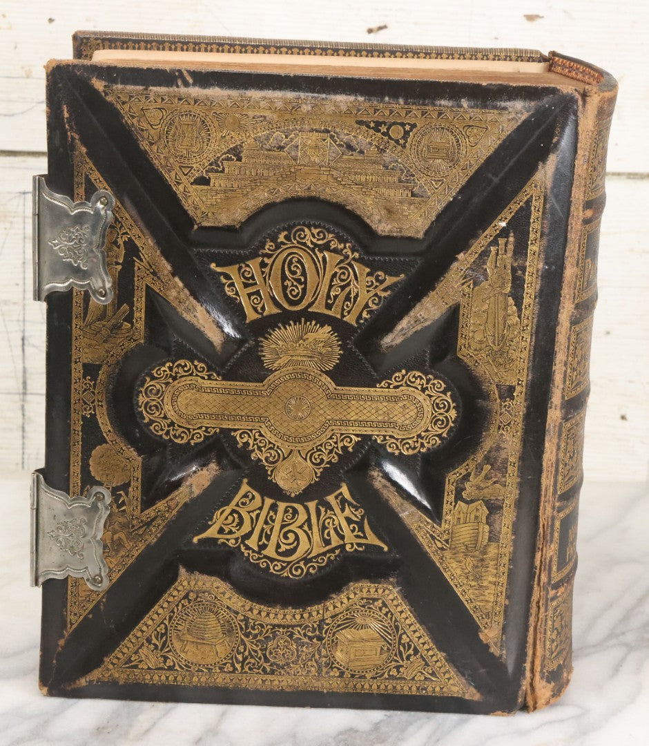 Lot 005 - Antique Pronouncing Parallel Holy Bible, Old And New Testaments, With Ornate Cover And Binding, Gately & O'Gorman, Publishers, Boston, Copyright 1890, By A.J. Holman & Co., Profusely Illustrated, Note Loose Pages
