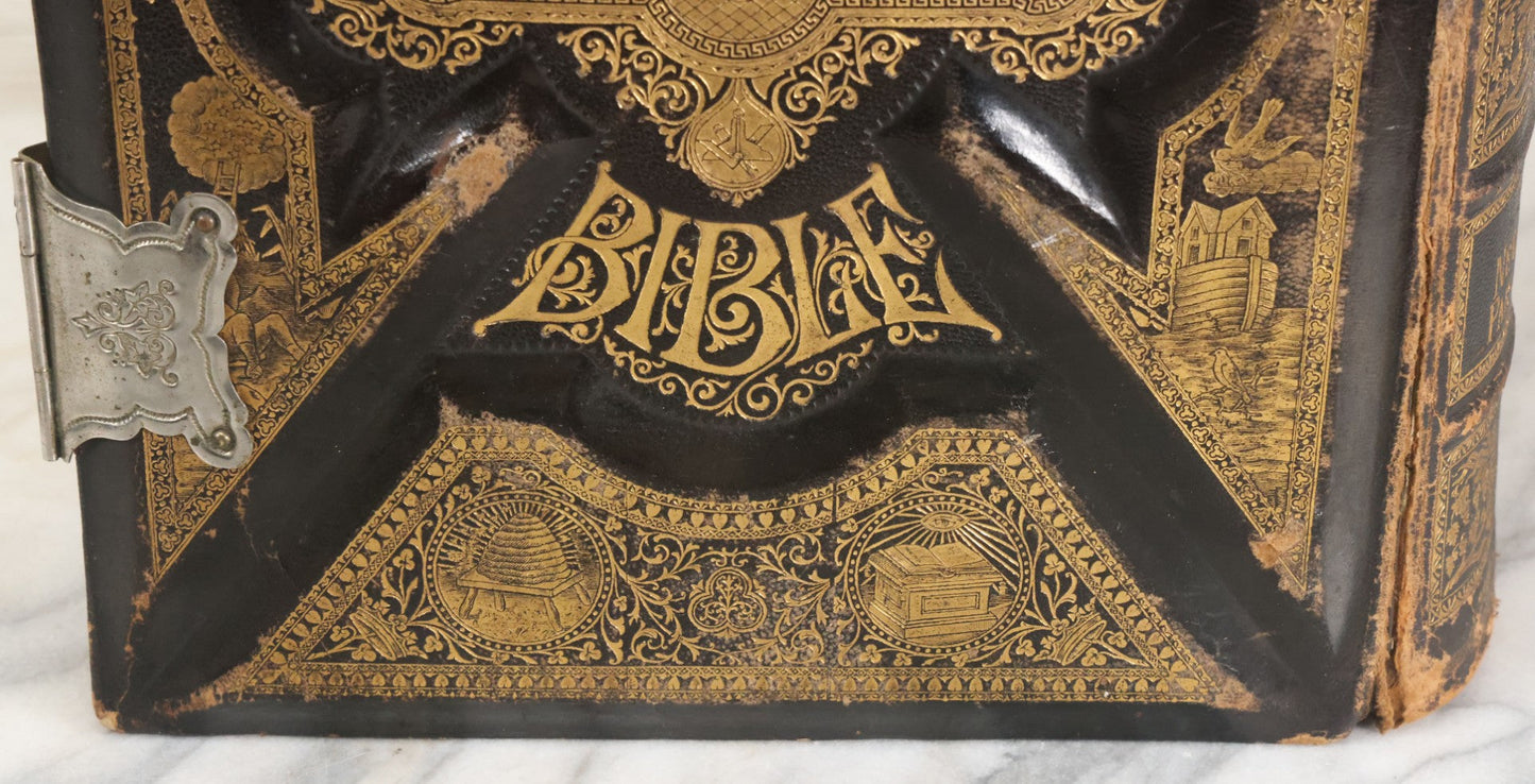 Lot 005 - Antique Pronouncing Parallel Holy Bible, Old And New Testaments, With Ornate Cover And Binding, Gately & O'Gorman, Publishers, Boston, Copyright 1890, By A.J. Holman & Co., Profusely Illustrated, Note Loose Pages