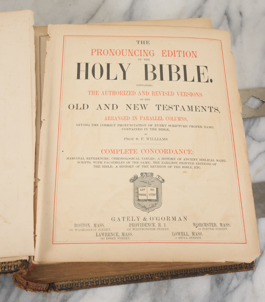 Lot 005 - Antique Pronouncing Parallel Holy Bible, Old And New Testaments, With Ornate Cover And Binding, Gately & O'Gorman, Publishers, Boston, Copyright 1890, By A.J. Holman & Co., Profusely Illustrated, Note Loose Pages