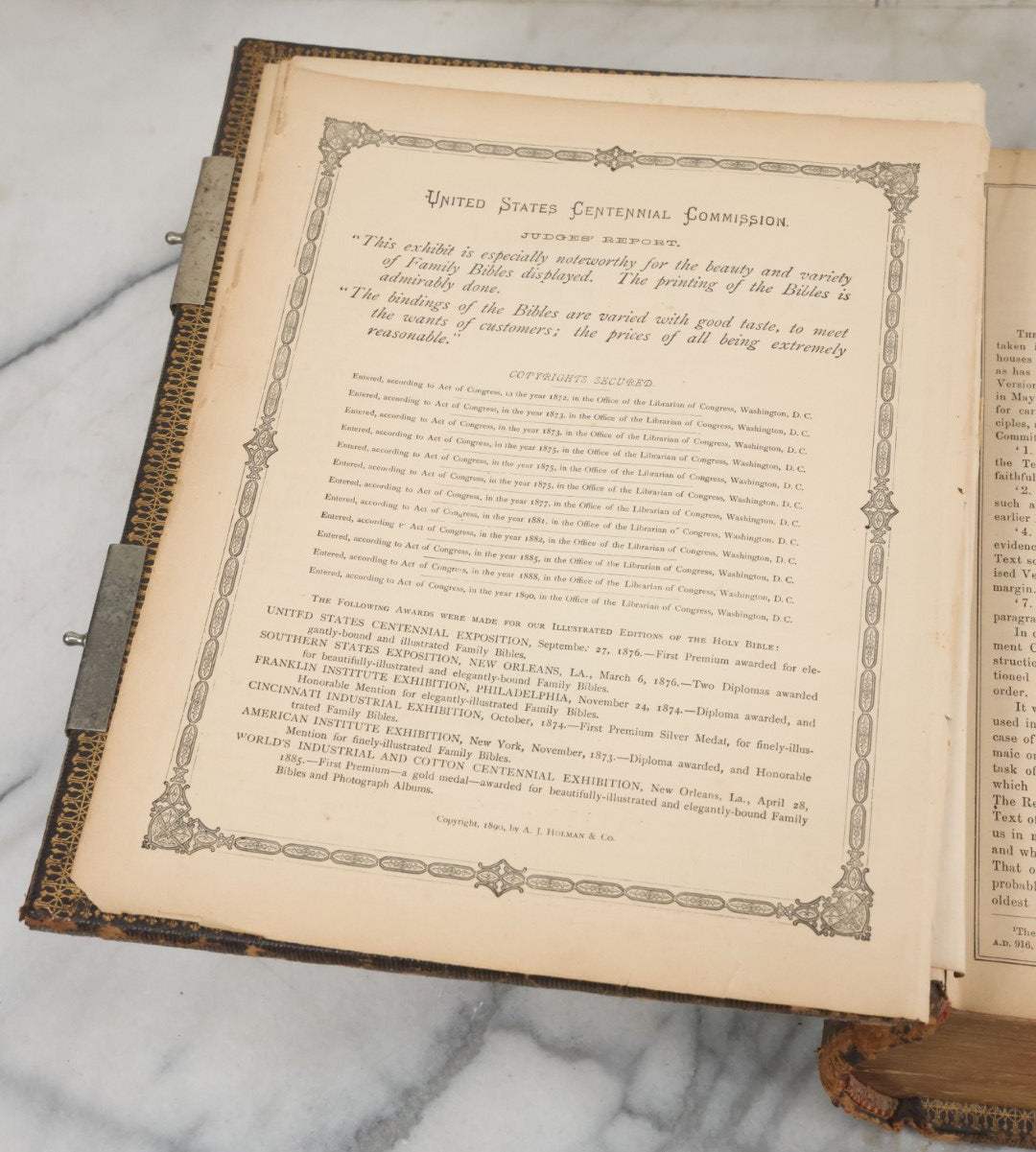 Lot 005 - Antique Pronouncing Parallel Holy Bible, Old And New Testaments, With Ornate Cover And Binding, Gately & O'Gorman, Publishers, Boston, Copyright 1890, By A.J. Holman & Co., Profusely Illustrated, Note Loose Pages
