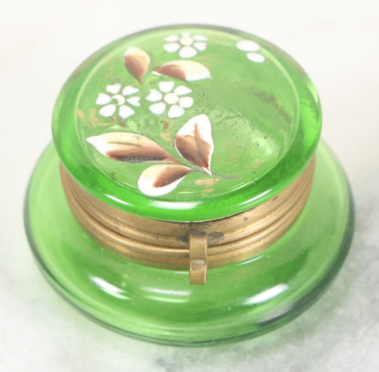 Lot 107 - Vintage Green Glass Pill Box With Hand Painted Flower Details And Brass Latch (Does Not Glow Under Blacklight), 2" Diameter