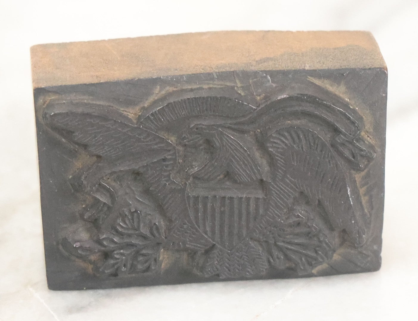 Lot 108 - Vintage Hand Carved Patriotic American Eagle Woodblock Stamp With Shield, Arrows, And Olive Branch