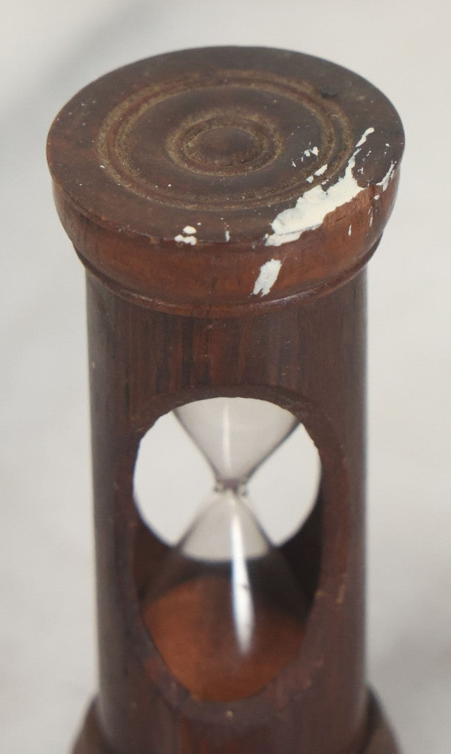 Lot 110 - Vintage Red Sand Hourglass In Turned Wooden Holder With Threaded Tops, Note Chips In Wood, Paint Marks, 2-5/8" Height